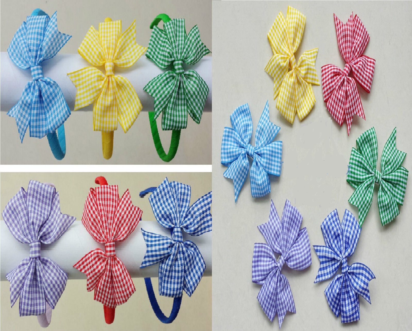 4style available ! girls school hair bow bobbles clips alice bands headband hair tie gingham plaid 20pcs/
