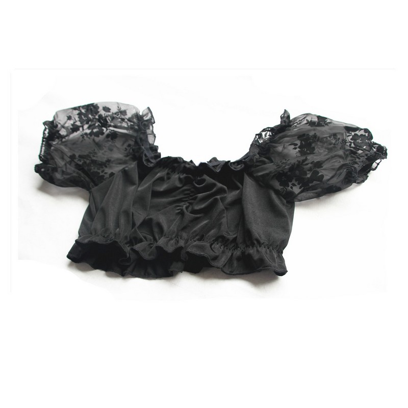 2017 New Fahion Women's Lolita Halloween Lace Mesh Rose Floral Sleeves Costume Short Corset Crop Top Blouse Shirt Scoop Neck Solid Color