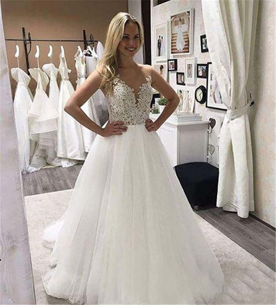 A Line Vintage Lace Appliqued Beaded Wedding Dress Newest Sexy Scoop Neck Sleeveless Bridal Gowns