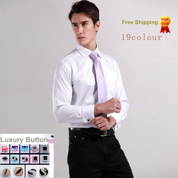 Wholesale- Luxury French cuff Button MENS Dress Shirt 2016 New Fashion Non Iron Long Sleeve slim striped High Quality Business formal Shirt
