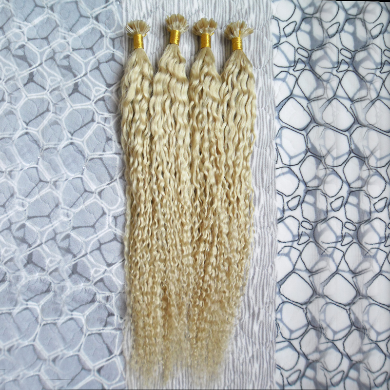 Blonde human hair Keratin stick tip hair extensions 200s curly keratin bond hair extensions pre bonded u tip extensions 200g kinky curly