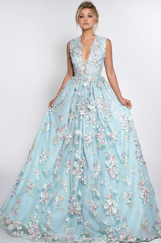 Sexy 3D Floral Appliqued Prom Dresses Long Deep V Neck Party Dress Floor Length Illusion Back Tulle Formal Evening Gowns