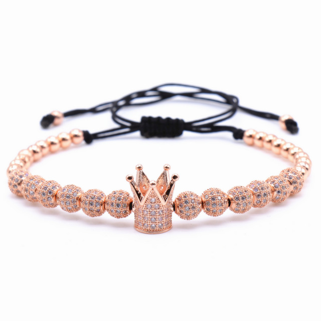 Fashion men Strands Micro Pave CZ Cubic Zircon Jewelry charm of the Crown and 4mm Round Beads Braided Bracelet Female pulseira macrame