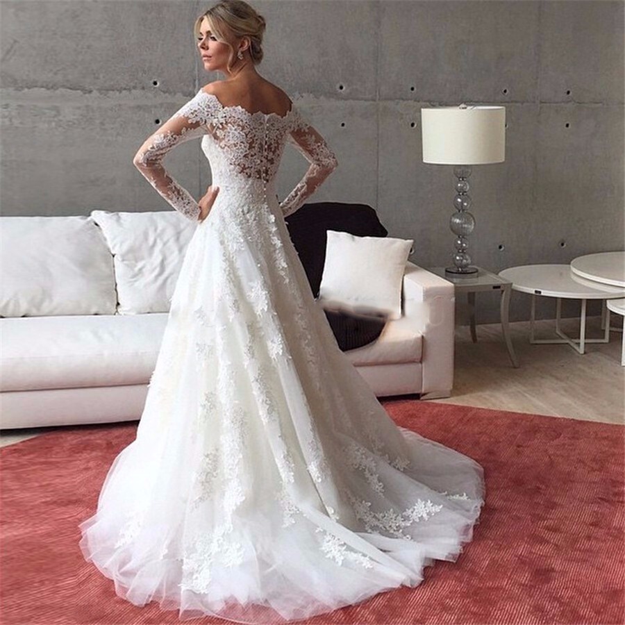 Elegant Off the Shoulder Long Sleeve Boat Neck Wedding Sweep Train A Line Applique Lace Bridal Dress Robe De Mariee