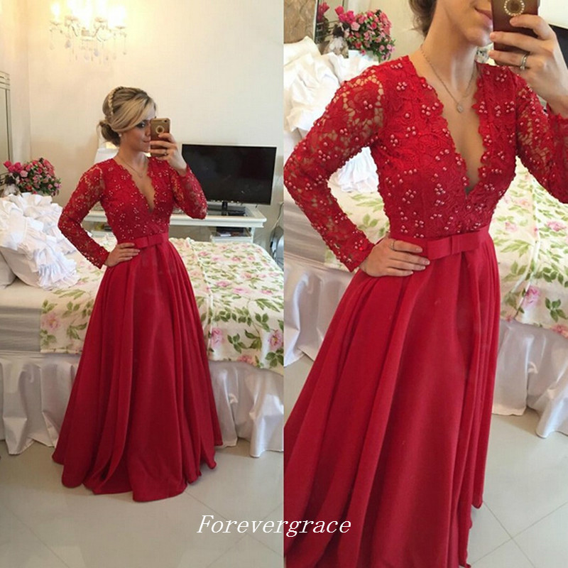 Fashion Women V Neck Prom Dress Elegant A-Line Lace With Long Sleeves Evening Party Reception Gown Custom Made Plus Size