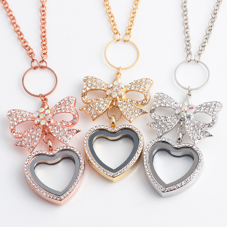 Hot Heart Bowknot floating locket with Diamond Crystal pendants charm lockets For DIY Personality retro Necklaces