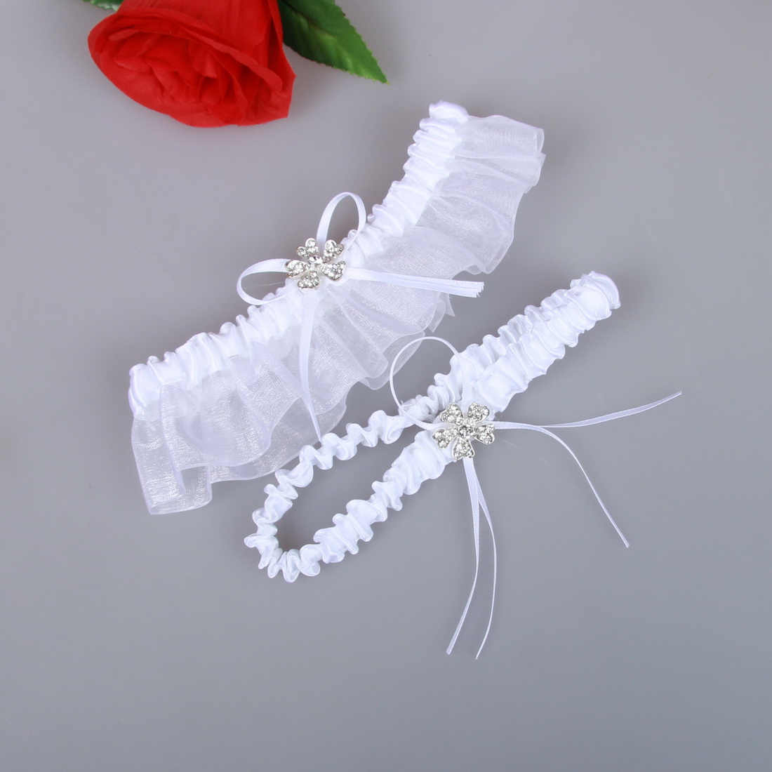 White Bridal Garters Belt Organza Sexy Feminine Crystals Wedding Leg Garters Bow 2 Pcs Set Prom Homecoming Free Size 15-23 Inches White