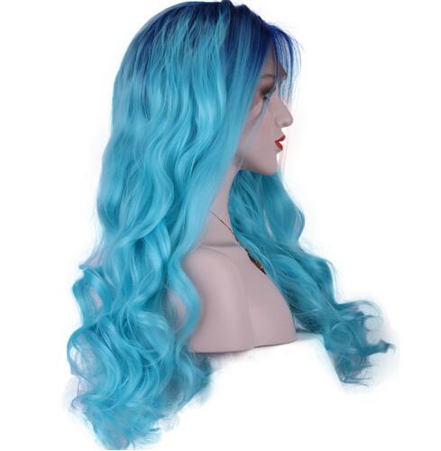 Fashion High Temperature Fiber Heat Resistant Natural 22" Long Body Wave Two Tones dark blue Ombre blue Roots Synthetic lace front Wigs