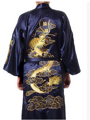 Wholesale-Fashion Navy Blue Men's Satin Silk Nightwear Novelty Bath Gown Vintage Style Kimono Free Shipping Size S M L XL XXL MR007