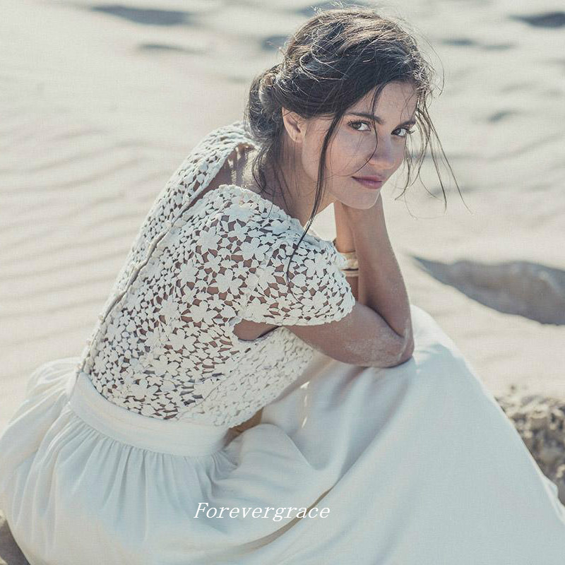 Elegant Scoop Neck Boho Beach Summer Wedding Dress A Line Lace Tea Length Women Bridal Gown Plus Size Vestido De Noiva