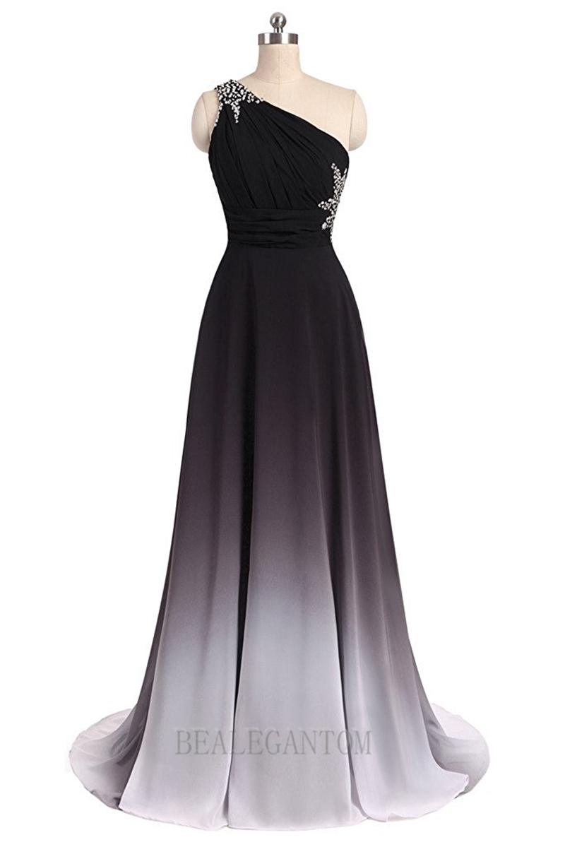 Sexy One Shoulder Ombre Long Evening Prom Dresses Chiffon A Line Plus Size Floor-Length Formal Party Gown BM05