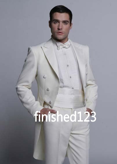 Fashionable Groom Tuxedos Groomsmen Ivory Tailcoat Peak Lapel Best Man Suit Wedding Men's Blazer Suits (Jacket+Pants+Tie) K313