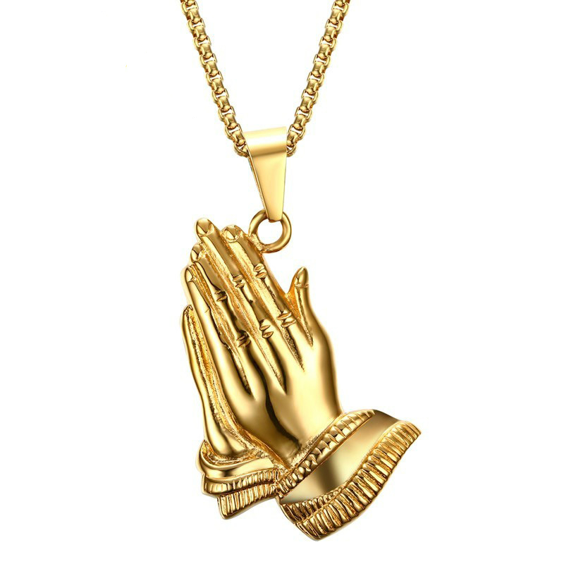Men Gold Tone PRAYER Hand Pendant Necklaces Stainless steel Jewelry with 24" Chain PN-675
