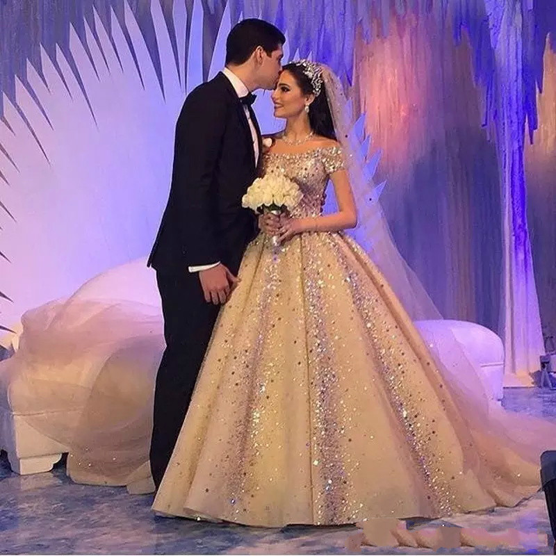 Dubai Arabic Luxury Off The Shoulder Ball Gown Wedding Dresses Bling Sequins Beads Country Wedding Dress Floor Length Plus Size Bridal Gowns