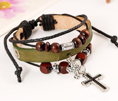Good A++ Beaded cross leather leather bracelet burst leather bracelet FB057 mix order 20 pieces a lot Charm Bracelets