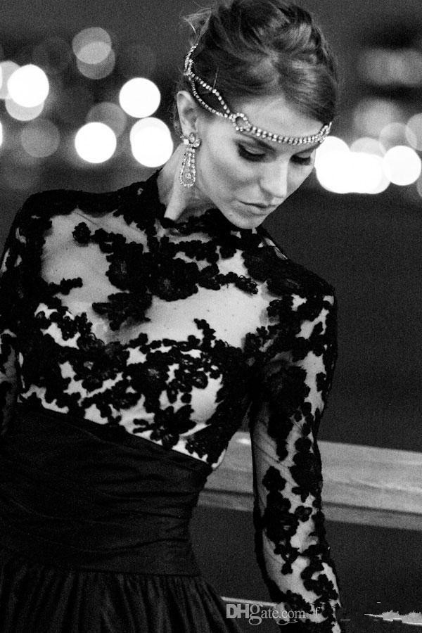 New Vintage Gothic Style Black Wedding Dress Long Sleeve High Neck Lace Tulle Taffeta A Line Sweep Train Bridal Gowns