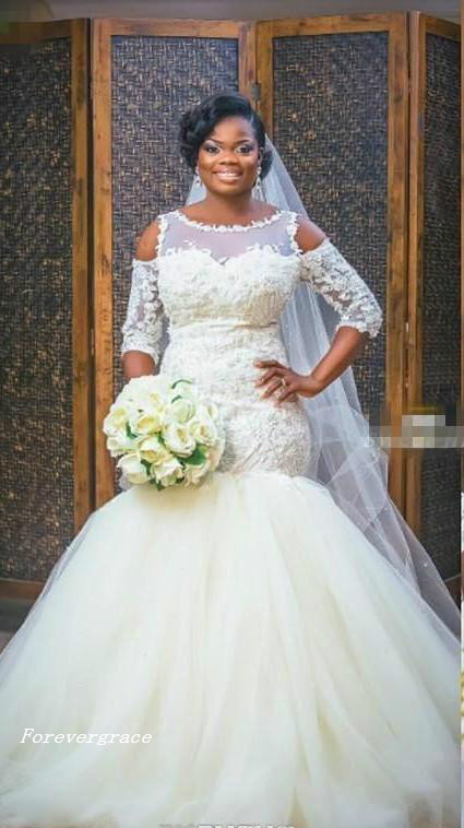 South African Mermaid Wedding Dress Sexy Sheer Crew Neck Lace Appliques Women Bridal Gown Plus Size Custom Made Vestido De Noiva Longo