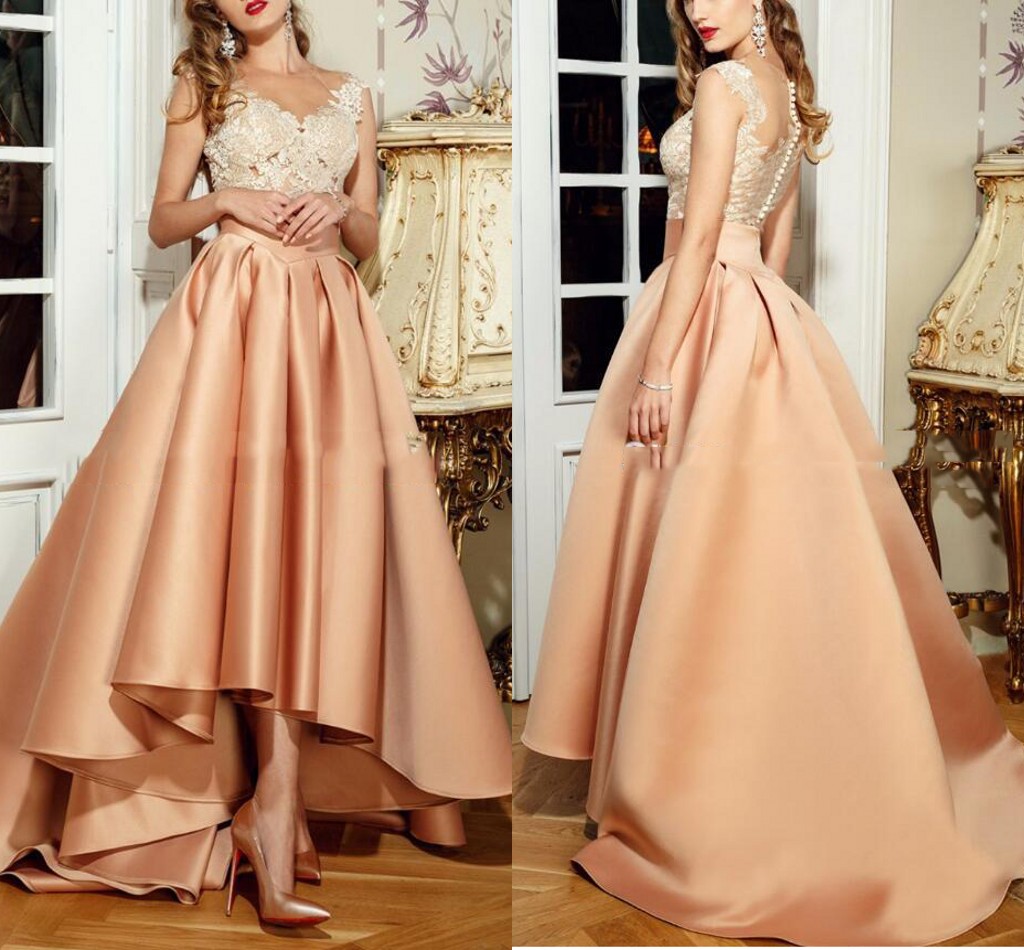 Hi Lo Champagne Dress Evening WearSheer Neck Lace Top Prom Dresses Illusion Back Floor Length Formal Evening Gowns