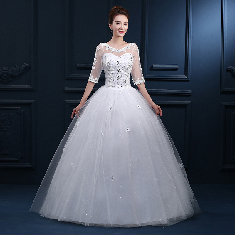 In Stock Ivory Ball Gown Wedding Dresses Under 100 Sheer Neck Floor Length Lace Tulle Beaded Crystal Lace Up 3 4 Sleeve Bridal Gowns Cheap