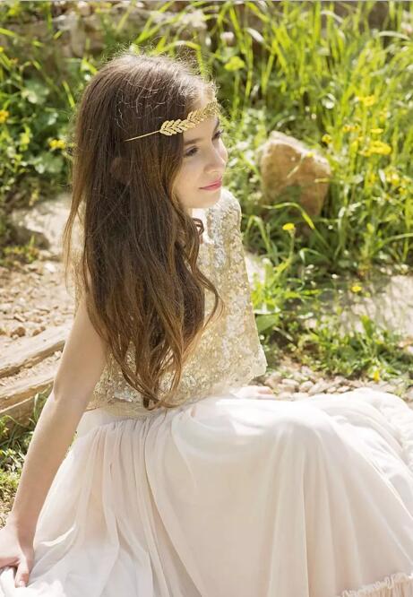 New Popular 2017 Gold Sequined Beige Chiffon Two Pieces Boho Flower Girls Dresses For Weddings Birthday Party Gowns Floor Length EN83013