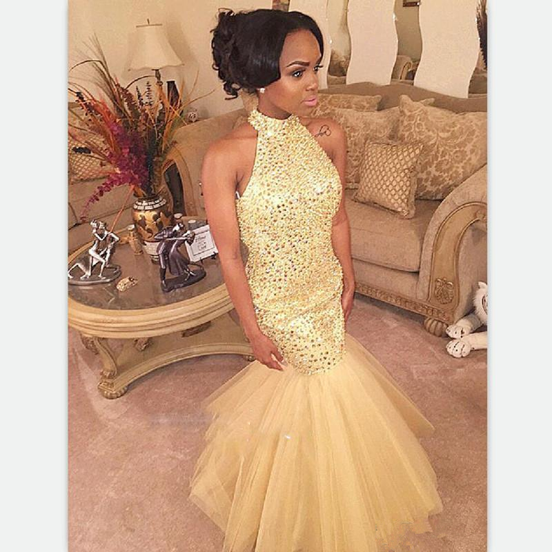 Cheap Sexy Gold Mermaid Prom Dress Halter Neck Backless Black Girl Formal Sweep Train Evening Party Gown Custom Made Plus Size