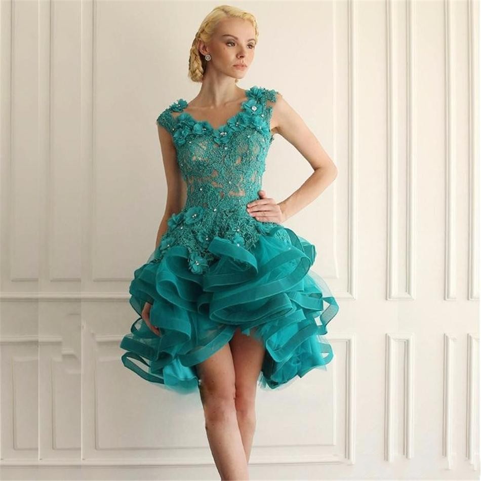 Emerald New Green Short Dresses Appliques Lace Tiered Organza High Low Cheap Backless Prom Dress Formal Party Gowns Custom Made
