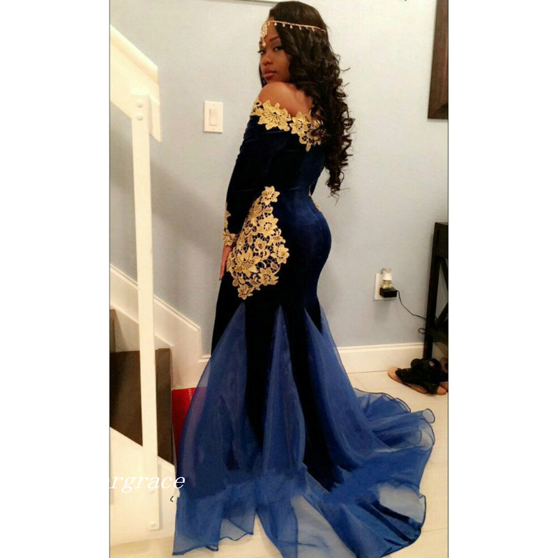 Sexy Long Sleeve Mermaid Prom Dress High Quality Royal blue Gold Appliques Formal Evening Party Gown Custom Made Plus Size