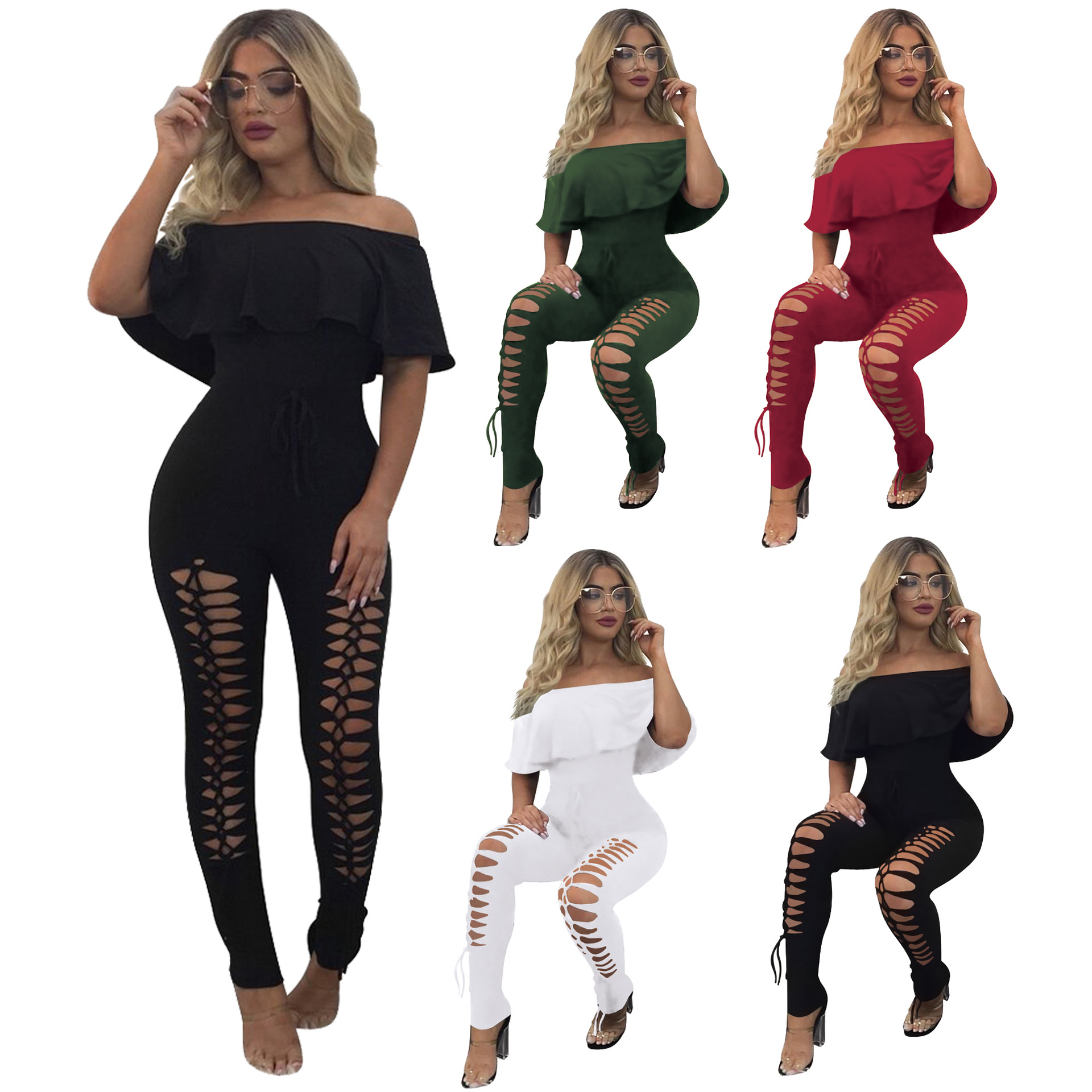 Jumpsuits Europe United States fashion solid color sexy strapless shoulder lotus leaf side thin piece pants Support mixed batch