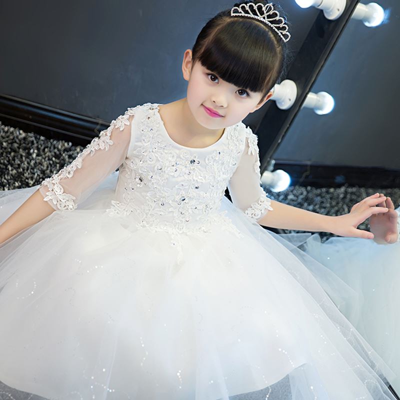 Elegant Flower Girl White Lace Wedding Dress Sequin Appliques Party Tulle Princess Birthday Dress Half Sleeve First Communion Gown
