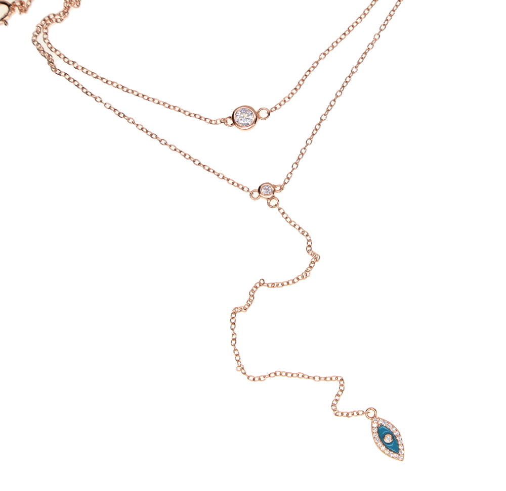 factory fine 925 sterling silver rose gold color rhodium Bling sparking cz evil eye lariat choker double layer delicate sexy women necklace