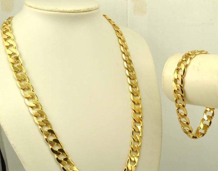 Heavy Men&#039;s 24K Real Yellow Solid Gold GF Necklace+Bracelet set Solid Curb Chain jewelry SETS Classics от DHgate WW