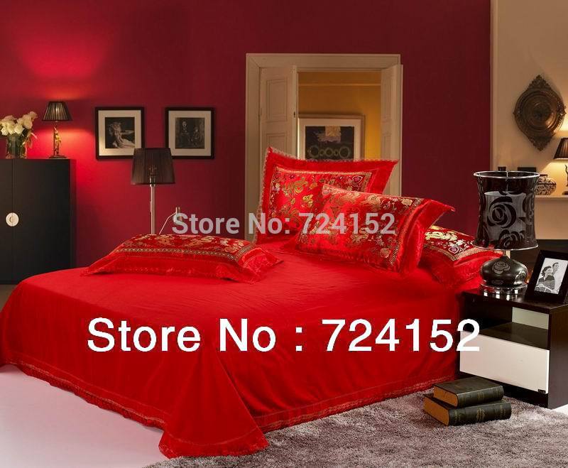 Wholesale- Red satin comforter set dragon chinese wedding bedding set print Modern suits jacquard Bedclothes queen/king size