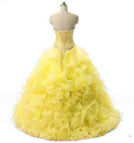 In Stock 2021 Yellow Quinceanera Dresses Ball Gowns Organza Beaded Ruffles Sweet 15 Dress Prom Gown