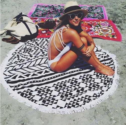 Geometric Print Beach Towel With Tassel Round Swimming Bath Towel Black White Gypsy Tapestry Wall Hanging Throw Towel Picnic Mat