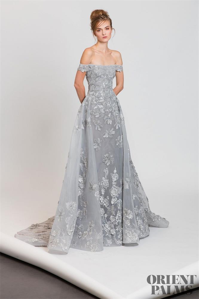 2023 Off the Shoulder Silver Evening Dresses With Overskirt Organza with 3d Floral Appliques Beaded Sweep Train Formal Prom Gowns