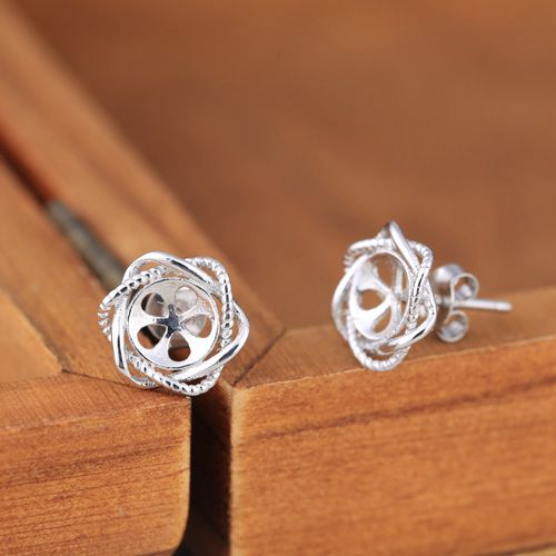 Art Nouveau Fine Silver 925 Sterling Silver Plated White Gold 6mm Pearl or Round Bead Semi Mount Women Stud Earrings Elegant Fine jewelry