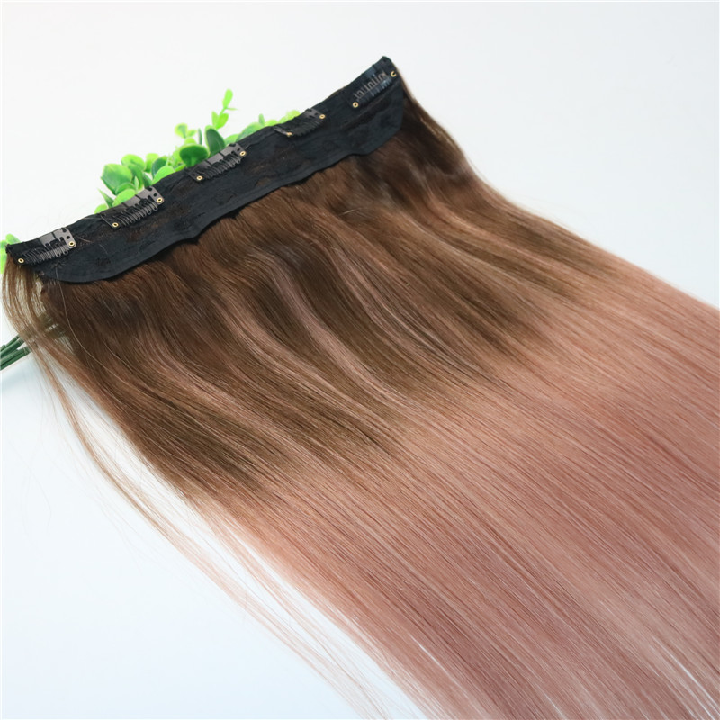 Ombre Rose Gold Pink With Brown Highlights Dark Brown Root One Piece Clip In Human Hair Extensions 5Clips With Lace Remy Human Hair