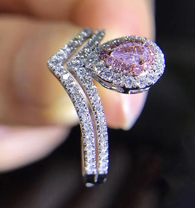 Wholesale New Women Luxury Jewelry 925 Sterling Silver Pear Cut Pave Setting Pink Sapphire CZ Diamond Gemstones Wedding Bridal Ring Set Gift