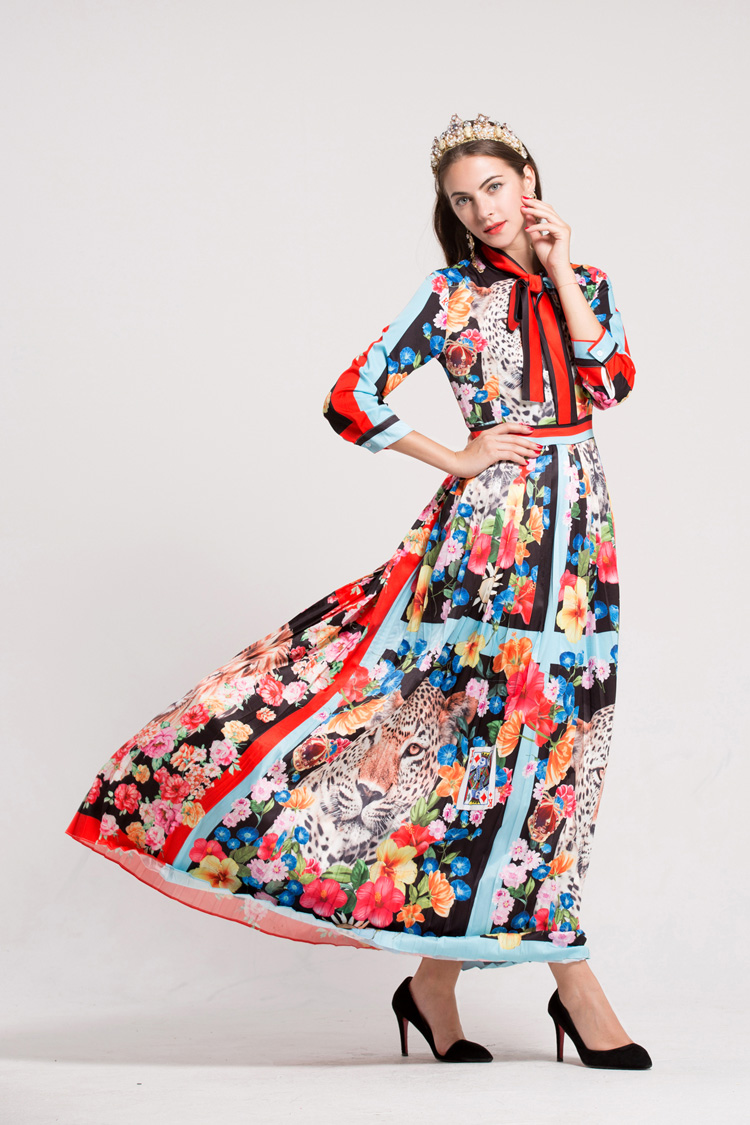 Women's O Neck Long Sleeves Bow Detailing Floral Printed Striped Pleated Elegant Maxi Runway Dresses