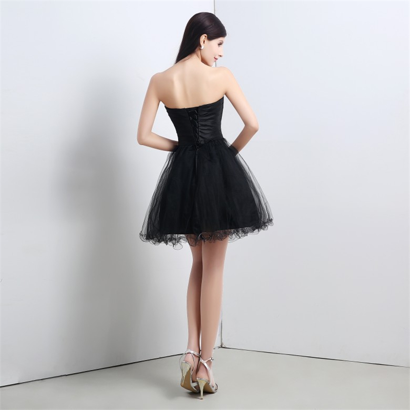New Stock Short Black Organza Prom Dresses 2017 With Sweetheart Appliques Beaded Lace Up Formal Evening Gowns QC239