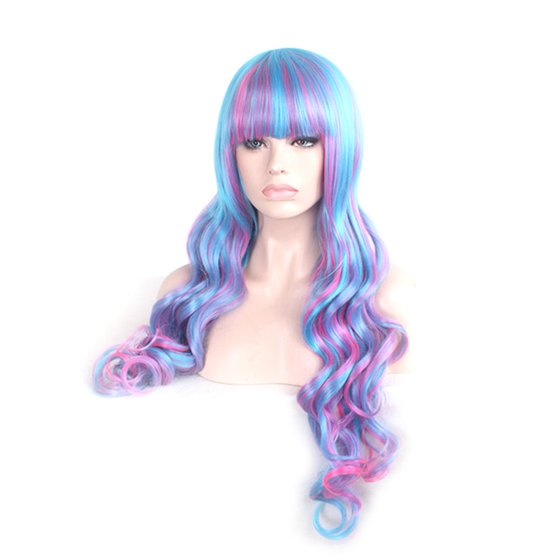 WoodFestival long curly wig ombre synthetic fiber hair wigs blue pink mix color lolita wig cosplay women bangs 80cm