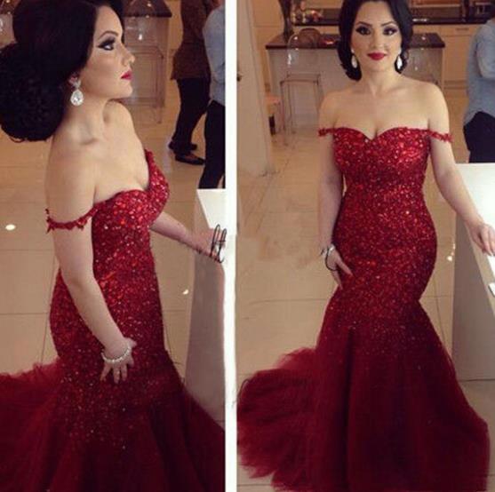 Luxurious Mermaid Prom Dresses 2022 Sweetheart Dark Red Sequins Off Shoulder Formal Evening Gowns Vestido De Festa Sexy Backless Sweep Train