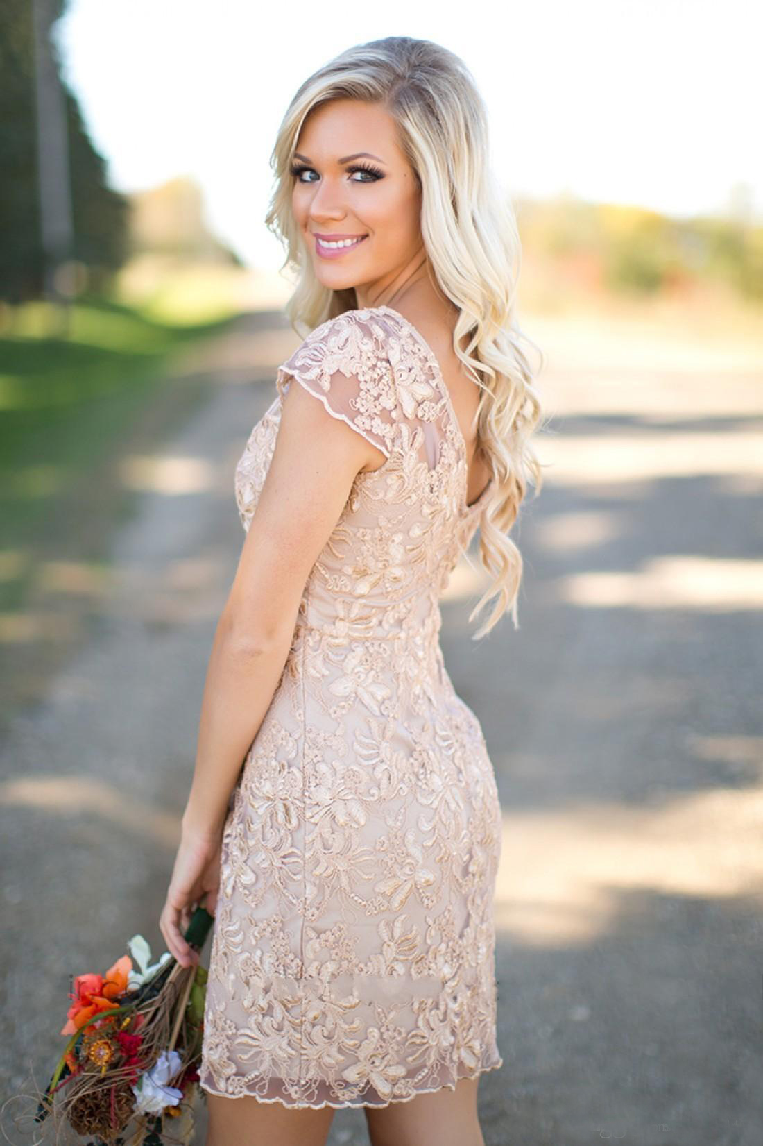 2017 New Champagne Lace Short Country Bridesmaid Dresses Cheap V Neck Short Sleeve Mini Maid Of Honor Gowns Custom Made China EN2041