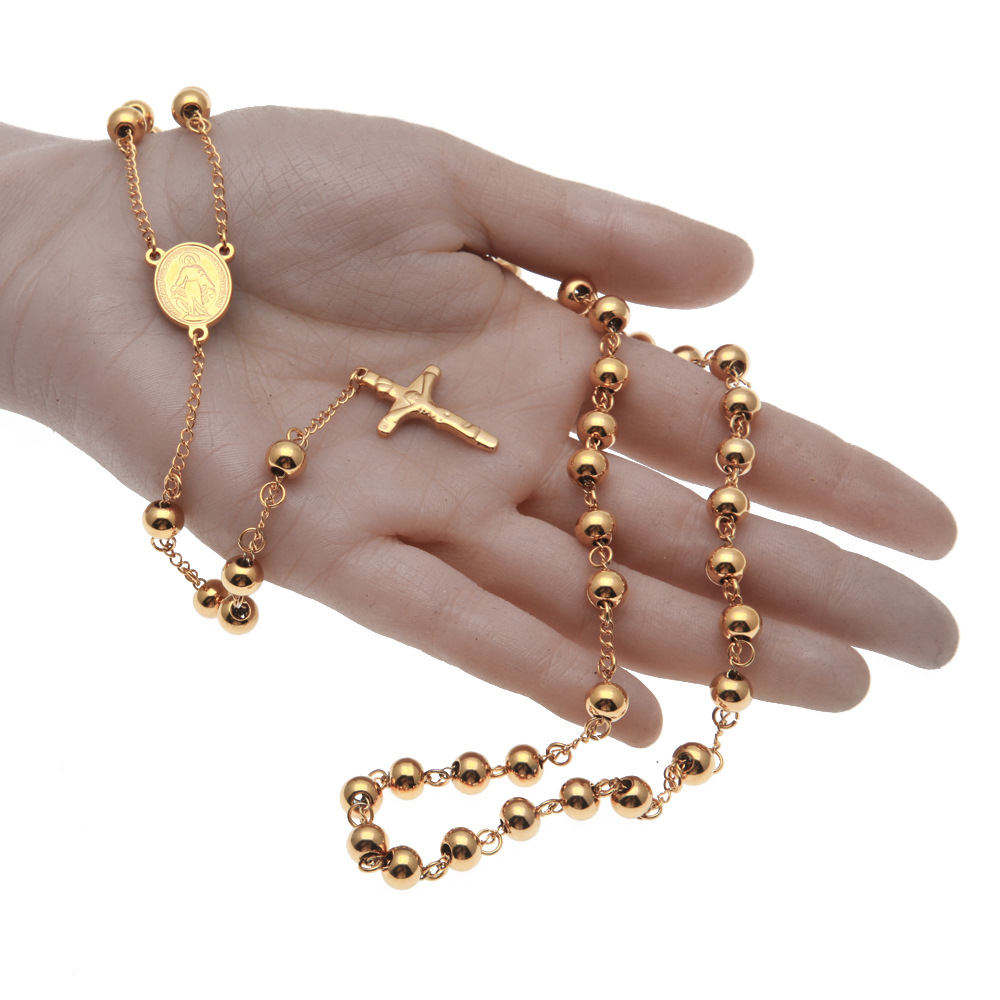 NEW Catholic Goddess Virgen de Guadalupe 8mm beads 18K Gold Plated Rosary Necklace Jewelry Jesus Crucifix Cross Pendant4567573