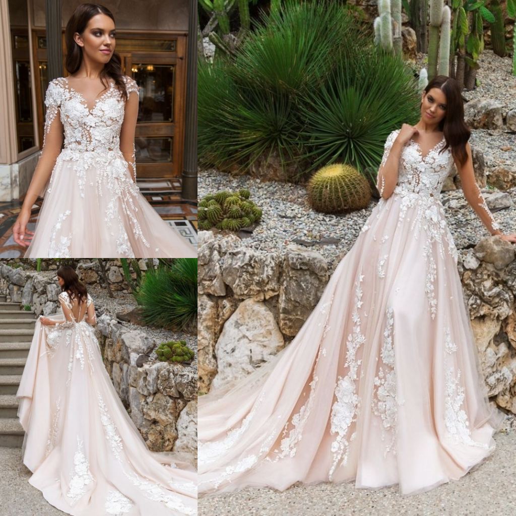 modest 3d appliqued wedding dresses with long sleeves aline vneck chapel train tulle plus size backless bridal gowns