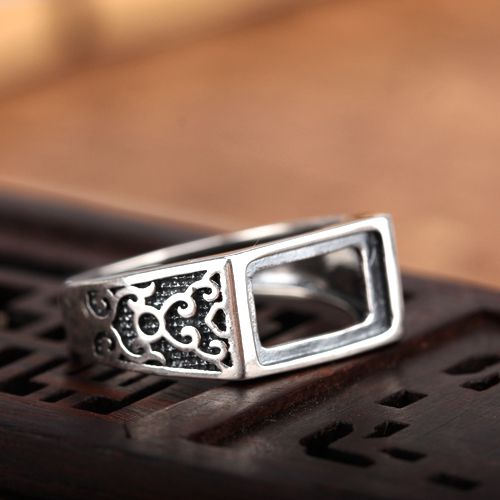 Fine Silver Art Deco 925 Sterling Silver 7x12mm Princess Cabochon Semi Mount Wedding Ring Setting