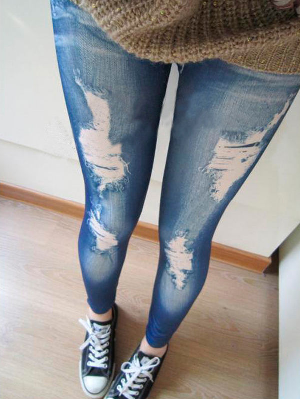Wholesale- Ripped Denim Jeans Look Skinny Jeggings Tights Pants Trousers Blue