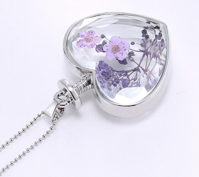 Charms purple flower Women Dry Flower Heart Glass Wishing Bottle Pendant Necklace G75