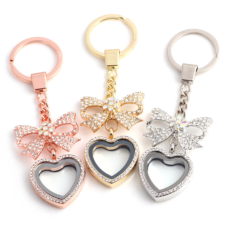 Hot Heart Bowknot floating locket with Diamond Crystal pendants charm lockets For DIY Personality retro Necklaces