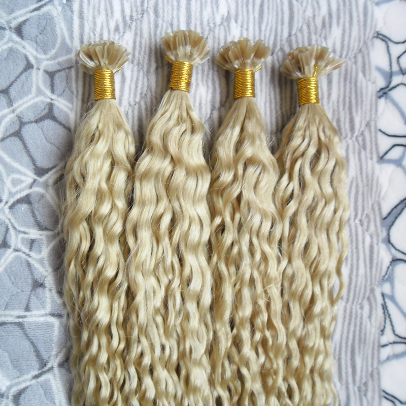Blonde human hair Keratin stick tip hair extensions 200s curly keratin bond hair extensions pre bonded u tip extensions 200g kinky curly